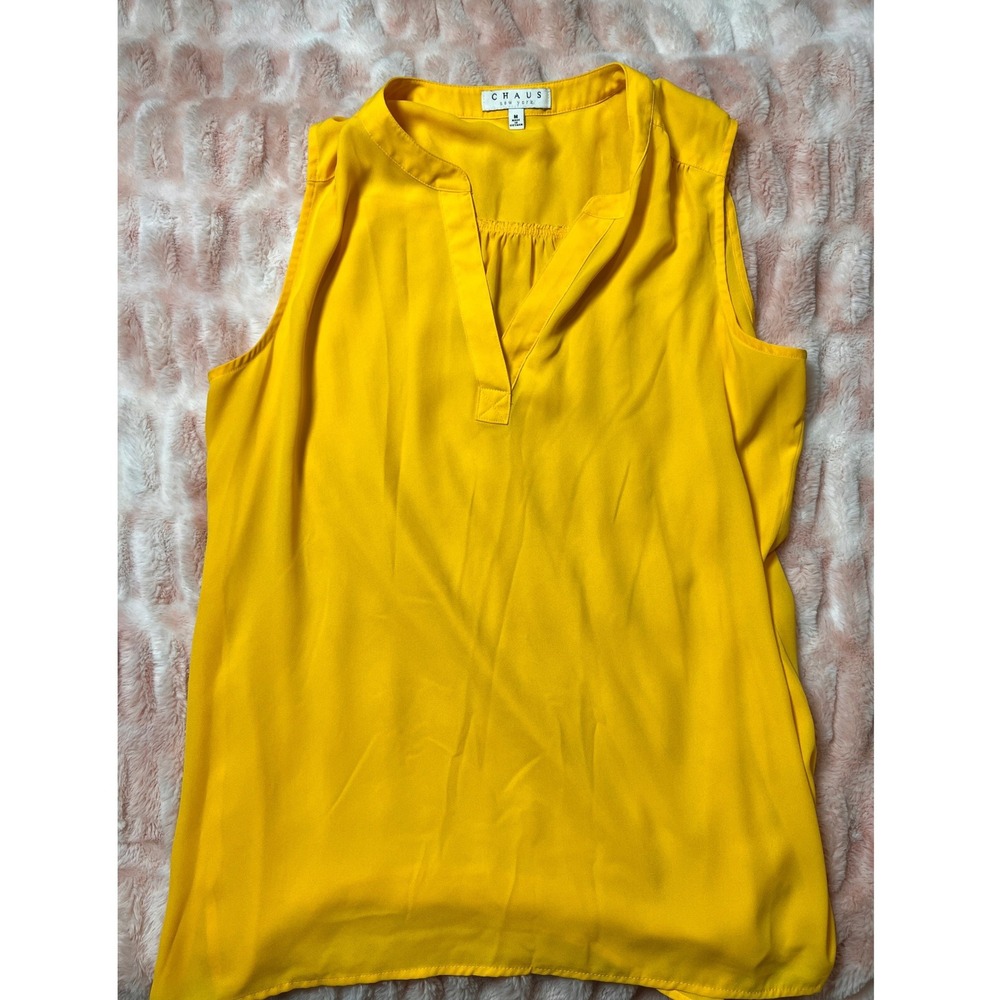 Chaus New York Mustard Yellow Sleeveless Blouse Medium Split Neck Top
